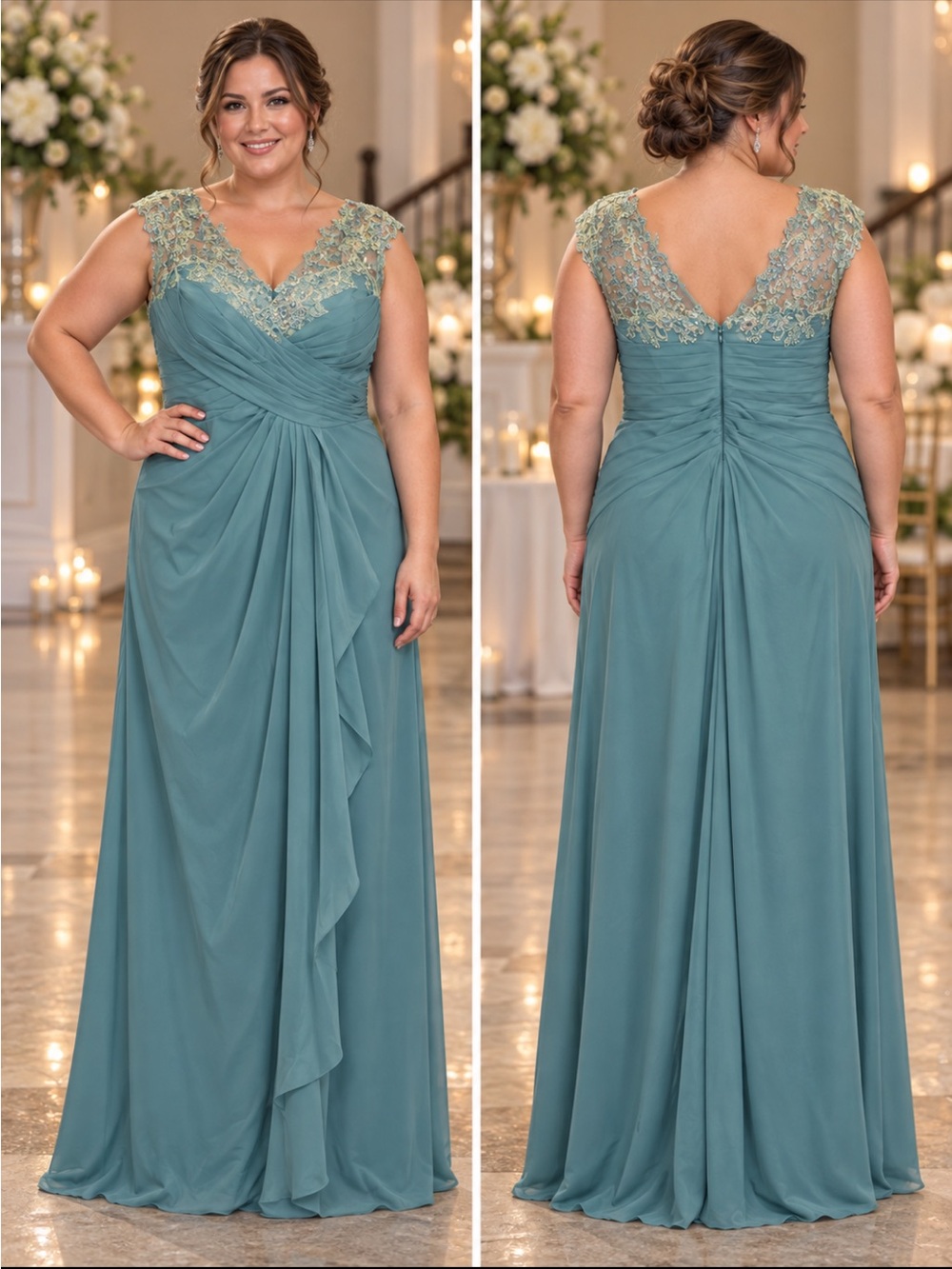 Plus-Size Lace-Trim Teal Maxi Dress with V-Neck